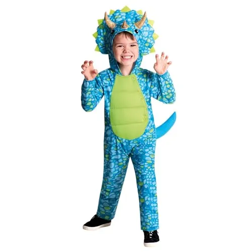 Blaues Triceratops Dinosaurier Jungenkostüm - Kinder 6-8 Jahre - Kostüme für Kinder, perfekt für kleine Dino-Fans mit süßer Dino-Kapuze und Schwanz, ideal für Fasching oder Rollenspiele.