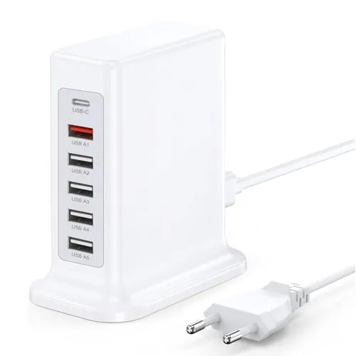 55W 6-in-1 Desktop Ladestation, Multi-USB-Port-intelligenter Ladehub (1USB-C+5USB-A), ausgestattet mit PD und QC3.0-Schnellladegeräten, kompatibel mit iPhone/Samsung und Anderen USB-Geräten