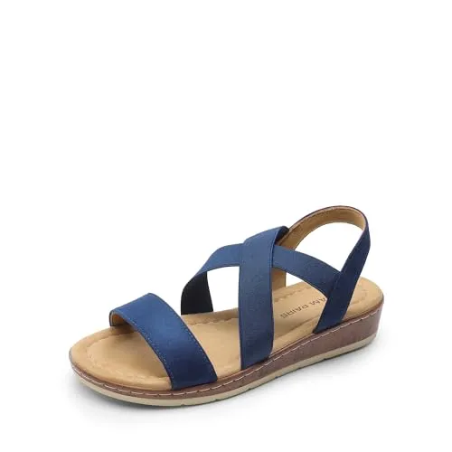 DREAM PAIRS Damen-Sandalen mit niedrigem Keilabsatz, elegant, für den Sommer, bequeme, lässige Slipper, flache Sandalen für Spaziergänge im Urlaub,Size 40,Marine,DWUMFS2505
