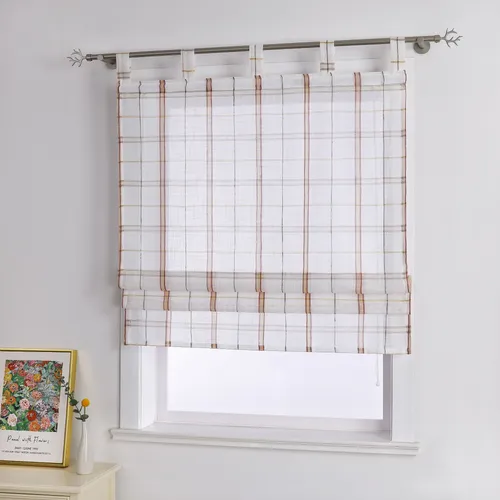 Joyswahl Raffrollo Leinen Raffgardine Landhaus Küche Gardine Schlaufenrollo Kariert Halbtransparent Rot BxH 100x140 cm