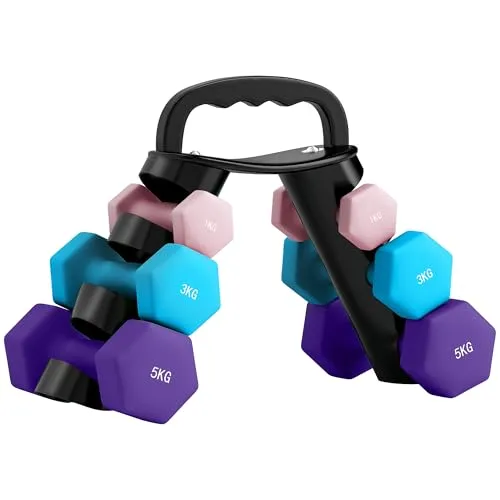 SPORTNOW Hanteln Set mit Klappbarem Hantelständer - Vielseitiges Hantelset mit 6 Kurzhanteln (2 x 1kg, 2 x 3kg, 2 x 5kg) und einem speziellen Hantelständer, der sich in eine Kettlebell verwandeln lässt – ideal für flexibles Training Zuhause.
