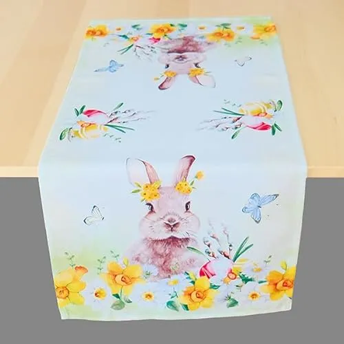KAMACA Tischläufer Frühling Ostern Blumen Hasen Dekor Osterhasen Ostereier Bunt Waschbar Küche Esstisch Tisch Dekoration (40x140cm Hasen und Osterglocken)