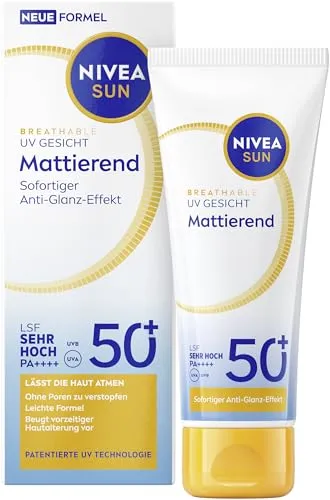 NIVEA SUN Sonnenschutz LSF 50+, mattierende Sonnencreme für das Gesicht mit Anti-Glanz-Effekt, atmungsaktive Sonnenmilch mit leichter Textur, Breathable UV Gesicht Mattierend (40 ml)