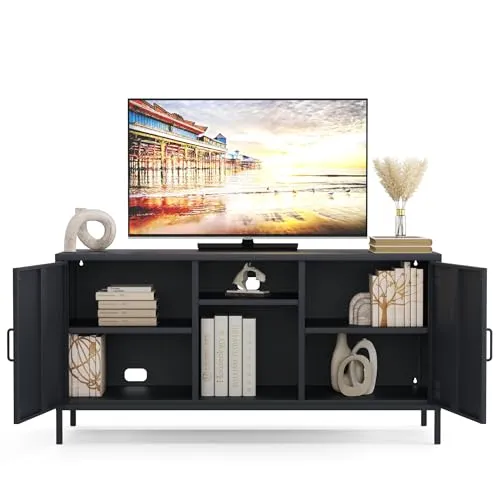 furni24 Metall TV-Schrank – Retro TV Lowboard – Möbel mit Türen und verstellbaren Ablagen – Robuste und stilvolle Aufbewahrungslösung für das Wohnzimmer- mit 3 Regalen, Anthrazit