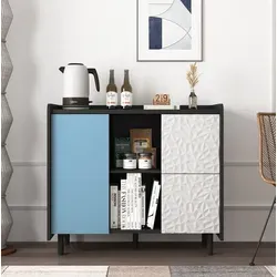 Sideboard Aus Mdf In Schwarz/blau, 90 X 40 X 80 Cm, Mit 2 Schubladen, Offenem Fach Und Schrankfach