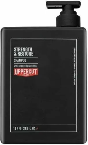 Uppercut Deluxe Strength & Restore Shampoo 1000 ml - Hochwertiges Stärkungsshampoo für alle Haartypen, revitalisiert und nährt das Haar mit Biotin und Koffein. Ideal für tägliche Anwendung, großzügige 1000 ml für langanhaltende Pflege.