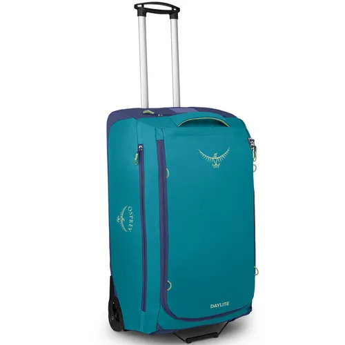 Osprey Daylite Wheeled Duffel 85 Rollkoffer (85L, türkis) - Geräumiger Rollkoffer mit 85L Volumen, ideal für Reisen und Abenteuer, ausgestattet mit robusten Rollen für einfachen Transport.