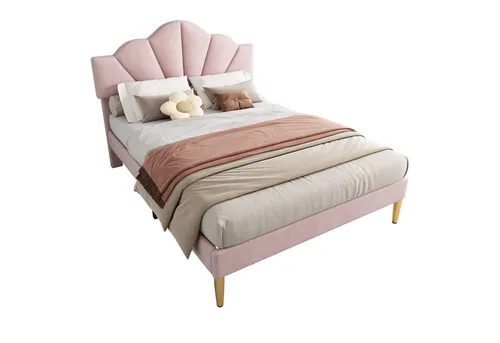 OKWISH Polsterbett - Muschelartiges Bett (90 x 200 cm) - Elegantes Samtbett mit höhenverstellbarem Kopfteil und stabilen goldenen Eisenbeinen, ideal für modernen Schlafkomfort. Matratze nicht enthalten.