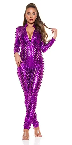 Koucla 2 Way Zip Highcollar Wetlook Catsuit Overall (Lila) - Erotische Bodystockings für Damen, verführerischer Wetlook Catsuit mit 2 Way Zip für einen aufregenden Look und perfekten Sitz.
