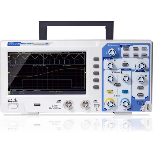 PeakTech P 1337 - 100 MHz 2-Kanal Digital-Speicher-Oszilloskop - Labor-Oszilloskop mit 100 MHz Bandbreite, USB-Schnittstelle und TFT-Farbdisplay für präzise Messungen und einfache Datenübertragung.