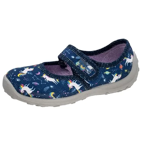Fischer Markenschuhe Hausschuhe in Blau, Gr. 28 - Hausschuhe für Mädchen mit rutschfester Laufsohle und praktischem Klettverschluss für optimalen Halt. Bezauberndes Einhorn-Muster und hoher Tragekomfort für Zuhause oder Kindergarten.