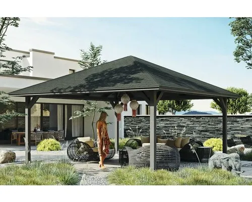 Pavillon SKAN HOLZ Cannes Gr. 4 - 569 x 569 cm in schiefergrau - Gartenhäuser: Hochwertiger Pavillon aus Leimholz mit schiefergrauer Lasur, robust und wetterfest, ideal für Gartenpartys und entspannende Stunden im Freien.