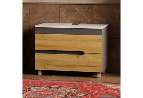 Karen Waschbeckenunterschrank Waschbeckenunterschrank Marmara 80 Konsole Weiß (Stehender Waschtischunterschrank, 2-St., Unterschrank, Konsolenplatte mit Siphonausschnitt, Füße)