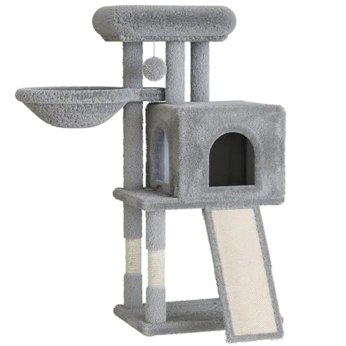 Kleiner Katzen Kratzbaum, Katzenbaum, Kletterturm, Katzenmöbel für Kleine Katzen, Kratzbäume Höhe 98.5 cm, Kletterbaum mit Plüschbällen, Höhle, Plattformen, Kratzpfosten, Katzenspielzeug, Grau