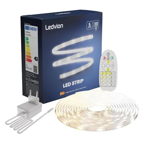 Ledvion Dimmbarer LED-Streifen 5M, 3000K-6500K, 24V, 13W, Plug & Play, Inkl. Fernbedienung, Einstellbare Farbtemperatur, 60 LEDs/m, 20cm, 2 Jahre Garantie, Ohne 2 AAA-Batterien