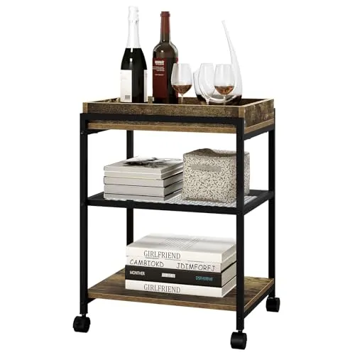 WOLTU Beistelltisch Couchtisch Sofatisch Nachttisch, mit Rollen, feststellbar, 3 Ablagen 1 abnehmbares Tablett, aus Metall und Holzwerkstoff, Vintage-Holzoptik + Schwarzer Metallrahmen, BTS09hov