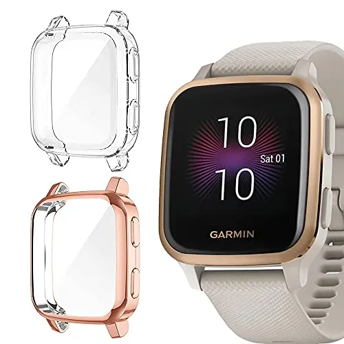 Niboow Hülle [2-Stück] Kompatibel mit Garmin Venu Sq/Venu Sq Music, mit Kratzfest ​Displayschutzfolie, Soft TPU Stoßfestes Schutzhülle Kompatibel mit Garmin Venu Sq/Venu Sq Music-Roségold+Transparent
