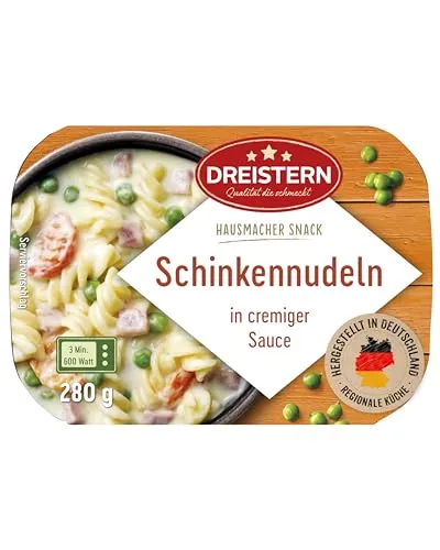 DREISTERN Schinkennudeln 280g I Mit Gemüse in Sauce I Herzhaftes Fertiggericht in Mikrowellenschale I Lange Haltbarkeit dank natürlicher Konservierung I Hausmacher Qualität