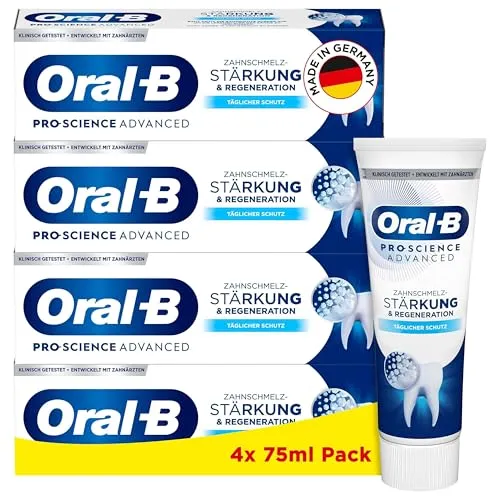 Oral-B Pro-Science Advanced Zahnpasta 4 x 75ml - Fluorid-Zahnpasta für starke Zähne, Packung mit 4 Tuben, mit Mindesthaltbarkeitsdatum bis 30.11.2025 für langanhaltende Frische.