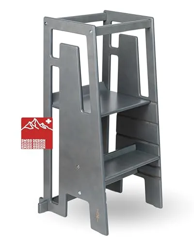 Tuki Lernturm ab 1 Jahr für Kinder Greywash | Höhenverstellbar, hohe Standsicherheit, ergonomisches Design | Langlebiger Montessori Learning Tower hilft bei Motorik & Lernen