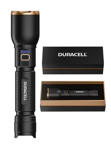 Duracell LED Taschenlampe DF3000R – USB-C aufladbar - Hochleistungs-Taschenlampe mit 3000 Lumen, ideal für Outdoor-Abenteuer. Ausgestattet mit Twist-Fokus-Technologie und Powerbank-Funktion für externe Geräte. Robustes Design mit IP54-Schutz für zuverlässigen Einsatz.