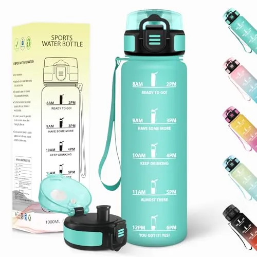 Baramumu Trinkflasche 1l, Auslaufsicher, Trinkflasche Kohlensäure Geeignet, Mit Zeitstempel, Wasserflasche, Sportflasche, für Yoga, Fahrrad, Fitness, Gym, Blau-Grün 3245C