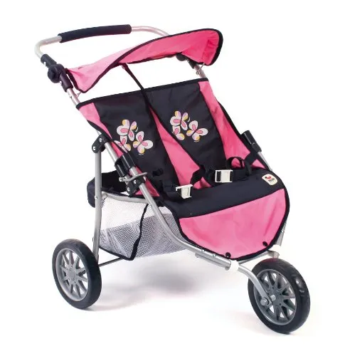 Bayer Chic 2000 Zwillings-Jogger - pink checker - Puppenwagen für Zwillinge, moderner 3-Rad Jogging-Buggy mit höhenverstellbarem Schiebegriff und großem Gepäcknetz. Ideal für Kinder mit Puppen bis 50 cm.