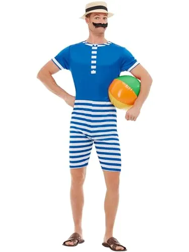 Smiffys 20er Jahre Badeanzug Kostüm - Kostüm-Outfits für Erwachsene, stilvoller 20er Jahre Badeanzug in Blau & Weiß, inklusive Hut und Schnurrbart für einen authentischen Look.
