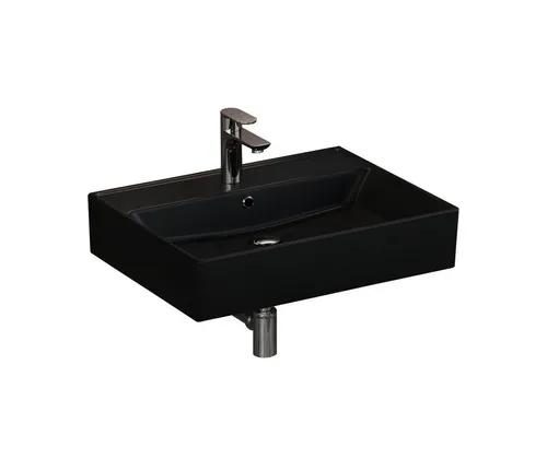 Aqua Bagno Aufsatzwaschbecken schwarz matt 60cm - Waschbecken aus Keramik, modern und eckig, ideal für Wandmontage mit praktischer Ablagefläche neben der Armatur.