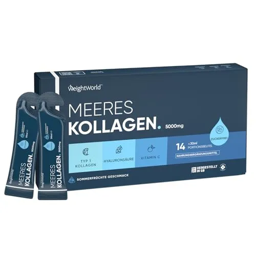 Kollagen Beutel 5000mg - Hydrolysiertes Meereskollagen mit Vitamin C & Hyaluronsäure - 14 zuckerfreie Beutel je 30ml - Für Haut, Knochen, Knorpel (EFSA) - Sommerfrüchte Geschmack - WeightWorld