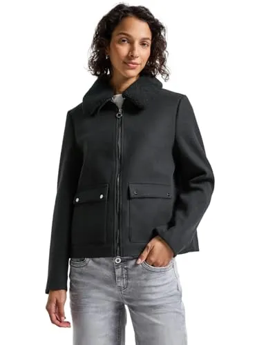 STREET ONE Damen Kurzjacke Gr. 42 - Obsidian Blau - Trachtenmode: Bequeme hüftlange Kurzjacke mit abnehmbarem Fellimitatkragen, ideal für stilvolle Freizeitlooks und angenehm leicht für jede Gelegenheit.