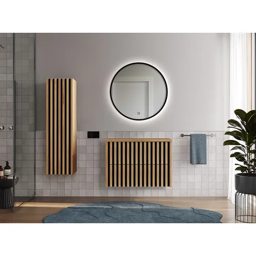 Badmöbel Set LUCCA-107 in Eiche Nb., 80 cm mit LED-Spiegel - Modernes Badmöbel Set mit wandhängendem Waschbeckenunterschrank, Hochschrank und Softclose-Funktion, ideal für stilvolle Badezimmer.