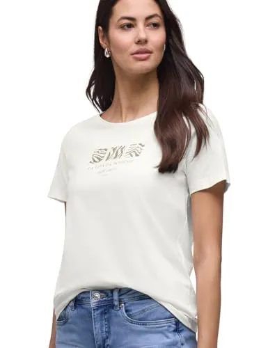 Street One Basic T-Shirt mit Rundhals und Print Off White 36
