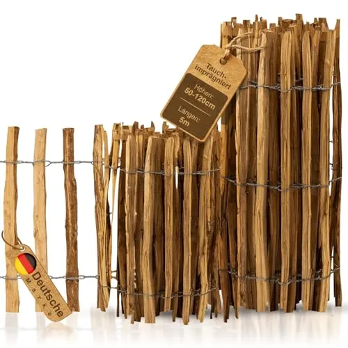 BooGardi imprägnierter Staketenzaun - 50cm hoch, 5m lang - Dekorative Zäune, lichtdurchlässiger Kastanienzaun aus Haselnuss, ideal zum Schutz von Gärten und Beeten, mit flexibler Einsatzmöglichkeit und einfacher Montage.