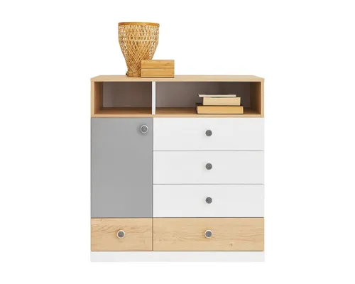 Produktbild Deine Möbel 24 Kommode POKO 09 85/90/40 cm – Biskuiteiche/Weiß Lux/Grau