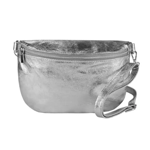 OBC Made in Italy Damen Leder Tasche Gürteltasche Crossbody Hüfttasche Bauchtasche Umhängetasche Cross-Over Bodybag Schultertasche Handytasche (Dunkelsilber)