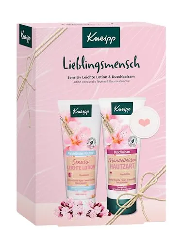 Kneipp Mandelblüten Hautzart Lieblingsmensch Körperpflegeset - Geschenkset mit Duschbalsam und leichter Lotion für trockene Haut. Die Mandelblüten Hautzart Serie pflegt intensiv und sorgt für ein geschmeidiges Hautgefühl.