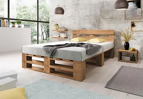 Lermowood Palettenbett M2 aus Holz 140 x 200 cm Eiche mit Kopfteil Holzbett 30cm Stabiles Seniorenbett Kinderbett Jugendbett Gästebett erhöhtes Einzelbett Bettgestell Futonbett Komforthöhe Naturholz
