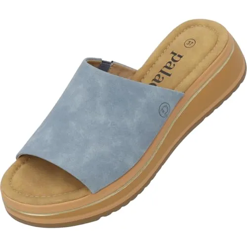 Palado Sandalen Damen Rhat – bequeme Hausschuhe mit Plateau-Sohle - modische Pantoletten - elegante Sommerschuhe Blau UK5,5 - EU38