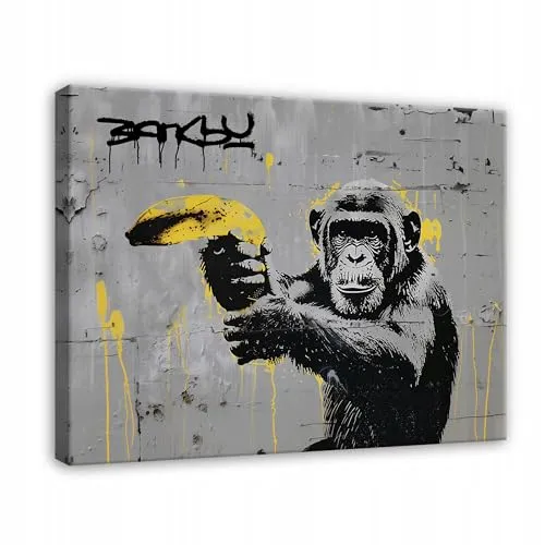 WallArena - Leinwand Bilder - Affe Banksy - 60x40 cm Leinwandbilder - Bild auf leinwand - Wandbild XXL groß Wandbilder für Wohnzimmer Schlafzimmer Wohnzimmerbilder Modern kunstdruck - Street Art Grau