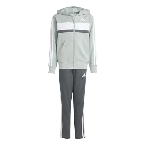 adidas Unisex Kids SEASONAL ESSENTIALS TIBERIO 3 STRIPES FLEECE TRACKSUIT, Wonder Sage/white/dark grey heather, 11-12 Years