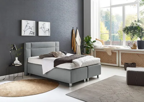Elegantes Boxspringbett in Grau, 140x200 cm, ohne Topper - Betten: Komfortables Boxspringbett mit 7-Zonen-Kaltschaummatratze, waschbarem Bezug bis 60°C und dekorativer Steppung im Kopfteil für optimalen Schlafkomfort.