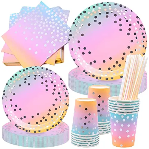 FORYNXHWIN 80 pcs Geburtstag Pappteller Set Mädchen, Party Geschir rosa, Wiederverwendbares Papier Besteck Set Dazu gehören Teller,Tasse,Servietten für Babydusche Geburtstag Hochzeit Party