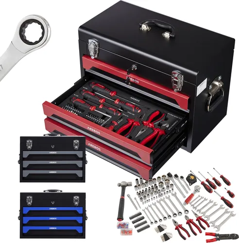 Arebos Werkzeugkoffer 172 tlg. mit Chrom Vanadium Werkzeugset - Vielseitiger Werkzeugkoffer mit 172 Teilen für Heimwerker und Profis, ergonomische Griffe und platzsparendes Design für einfachen Transport und sicheren Halt.