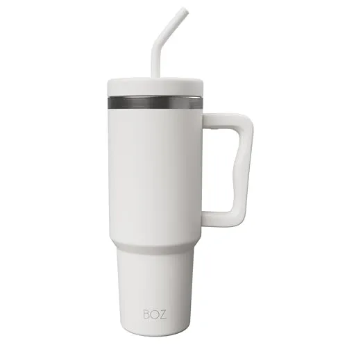 BOZ - Trinkbecher mit Deckel und Strohhalm - 1200 ml - Ästhetisches Design - hochwertiger Thermobecher aus Edelstahl für heiße & kalte Getränke to go - Perfekt geeignet für Auto & Reisen (Weiß)