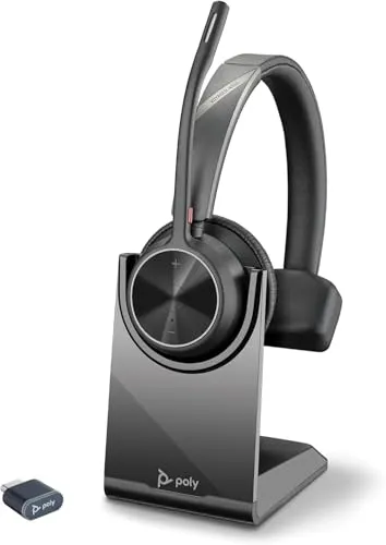 Poly Voyager 4310, schnurloses UC-Headset und Ladestation – Ein-Ohr-Bluetooth-Headset mit Noise Cancelling-Mikrofonarm – Verbindung mit PC/Mac/Mobiltelefon – Kompatibel mit Teams, Zoom und mehr