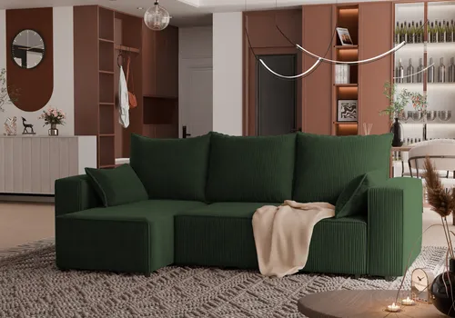 4ALLHOME Ecksofa Cordi mit Schlaffunktion - Ecksofa mit Schlaffunktion und geräumigem Bettkasten, ideal für flexibles Wohnen und spontane Übernachtungsgäste. Modernes Design in Flaschengrün für jeden Raum.