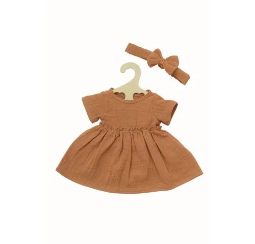 Heless 2425 - 2-teiliges Puppenkleidungsset aus 100% Bio-Baumwolle, Karamell mit Rüschen und Haarband, ideal für Puppen und Kuscheltiere 35-45 cm