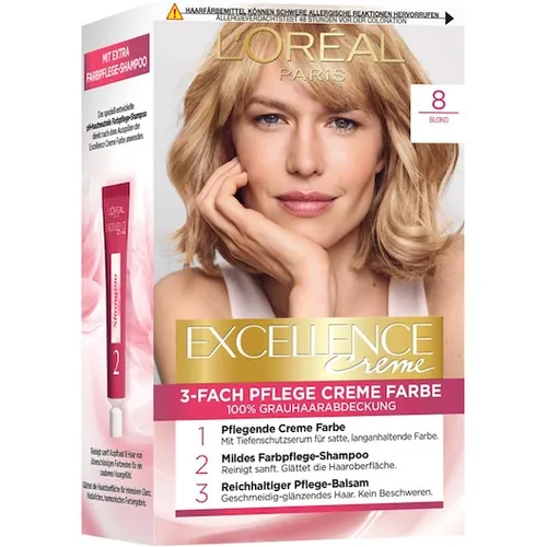 L'Oréal Paris Permanente Haarfarbe Excellence Creme 8 Blond - Haarfärbeset mit 100% Grauhaarabdeckung und 3-Fach Pflege für langanhaltende, intensive Farbe und Glanz, angereichert mit Hyaluron für mehr Feuchtigkeit.