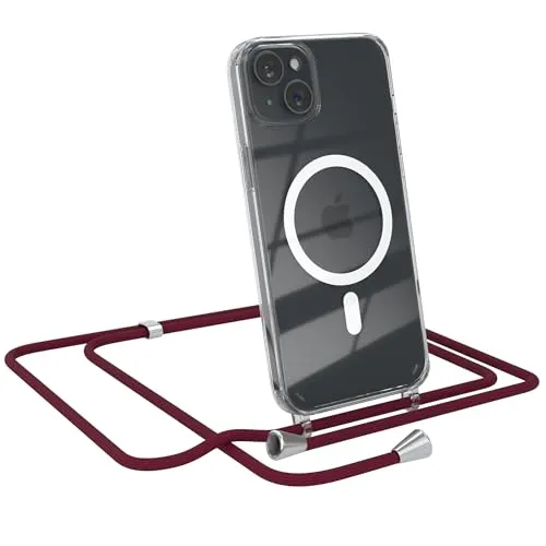 EAZY CASE - Handykette kompatibel mit iPhone 15 Plus Kette zum Umhängen Stoßfest Handyhülle für iPhone 15 Plus Silikon Hülle mit Band Handytasche Transparent als Fallschutz in Burgunder Rot